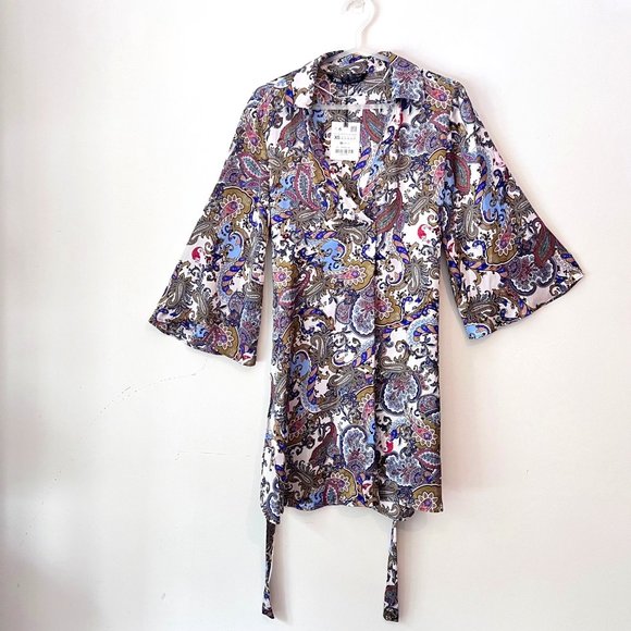 NEW! Zara Satin Kimono Style Paisley Pattern Tunic Mini Dress, Belted Oversized - Picture 8 of 15